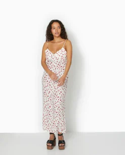 Robe Longue Bretelles Fines Motif Cerises - Blanc