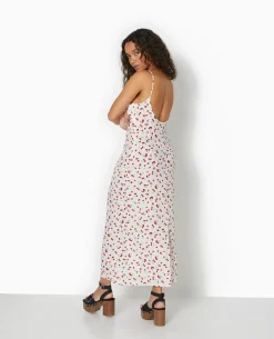 Robe Longue Bretelles Fines Motif Cerises - Blanc