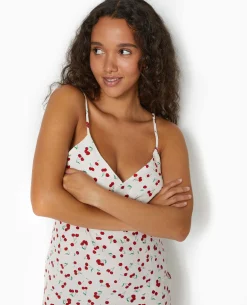 Robe Longue Bretelles Fines Motif Cerises - Blanc