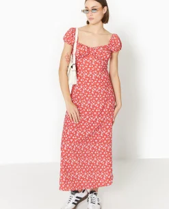 Robe Longue Forme Empire Motif Fleurs - Rouge
