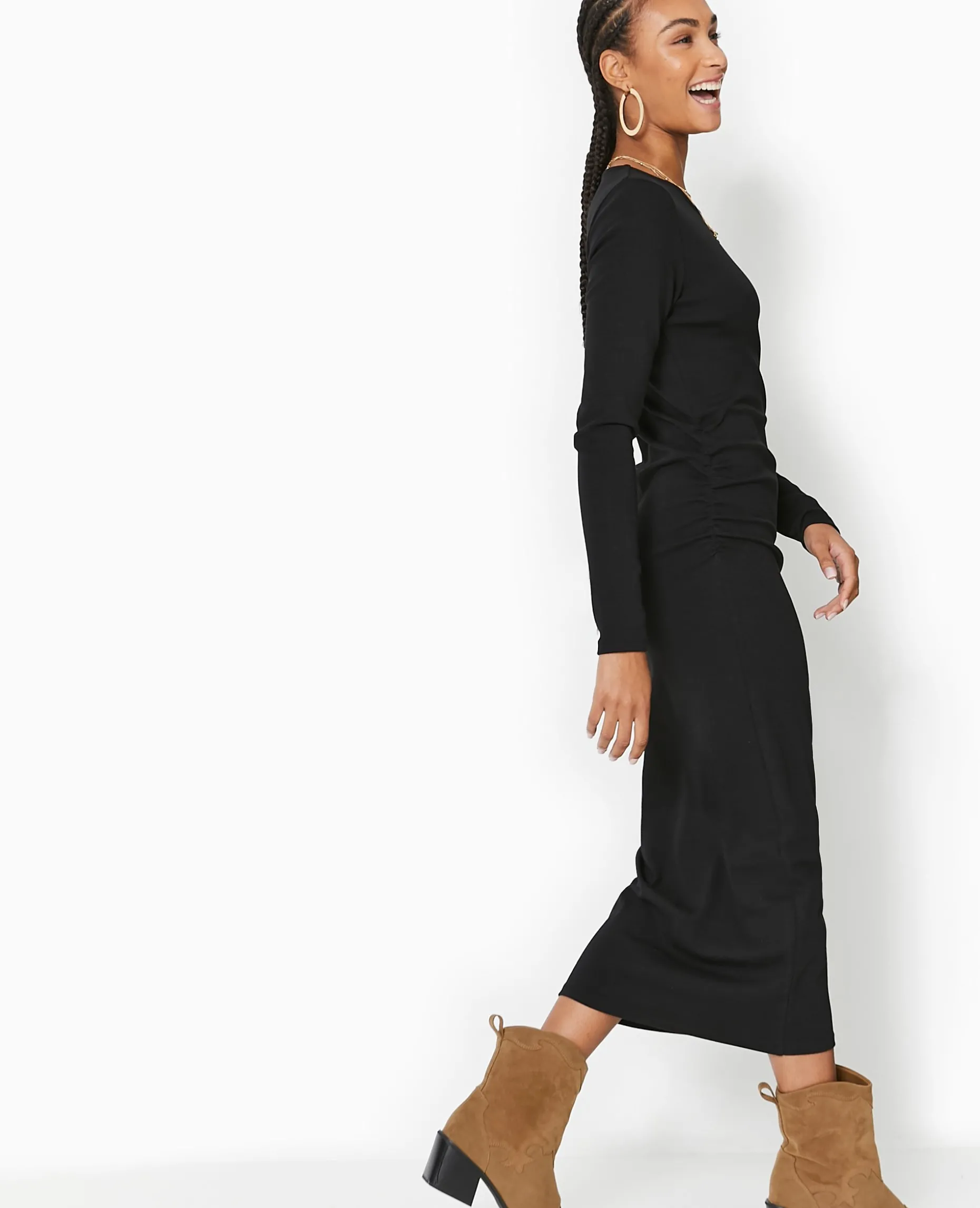 Robe Longue Moulante Avec Fronces Côtés - Noir