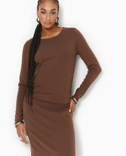 Robe Longue Moulante Avec Fronces Côtés - Marron