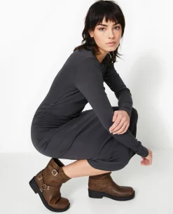 Robe Longue Moulante Avec Fronces Côtés - Gris Foncé