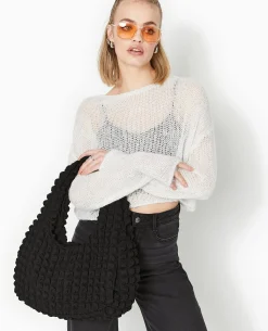 Sac Forme Lune En Tissu Reliéfé Gaufré - Noir