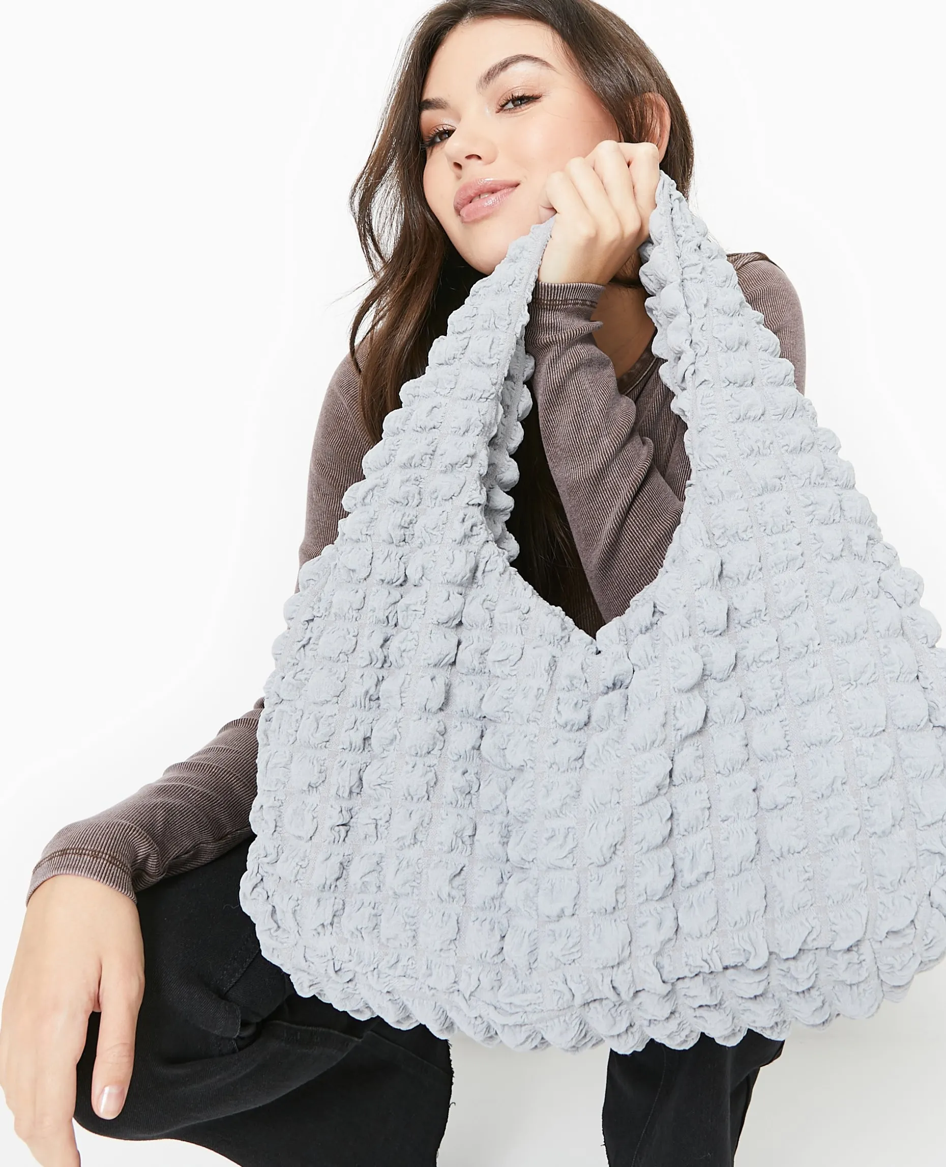 Sac Forme Lune En Tissu Reliéfé - Gris
