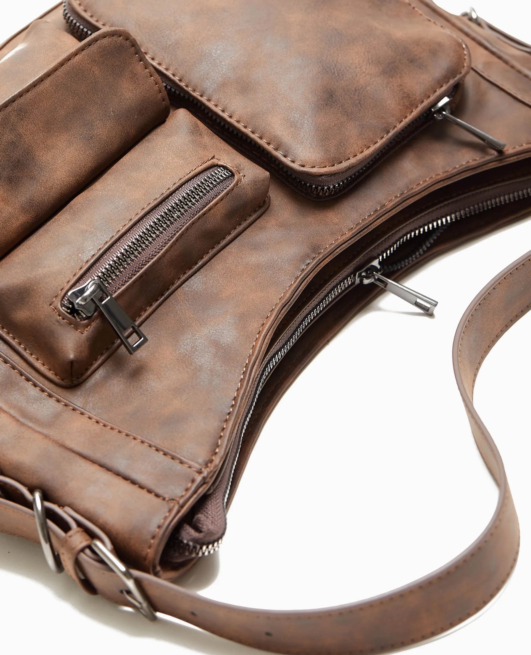 Sac Multipoche Effet Cuir Usé - Marron