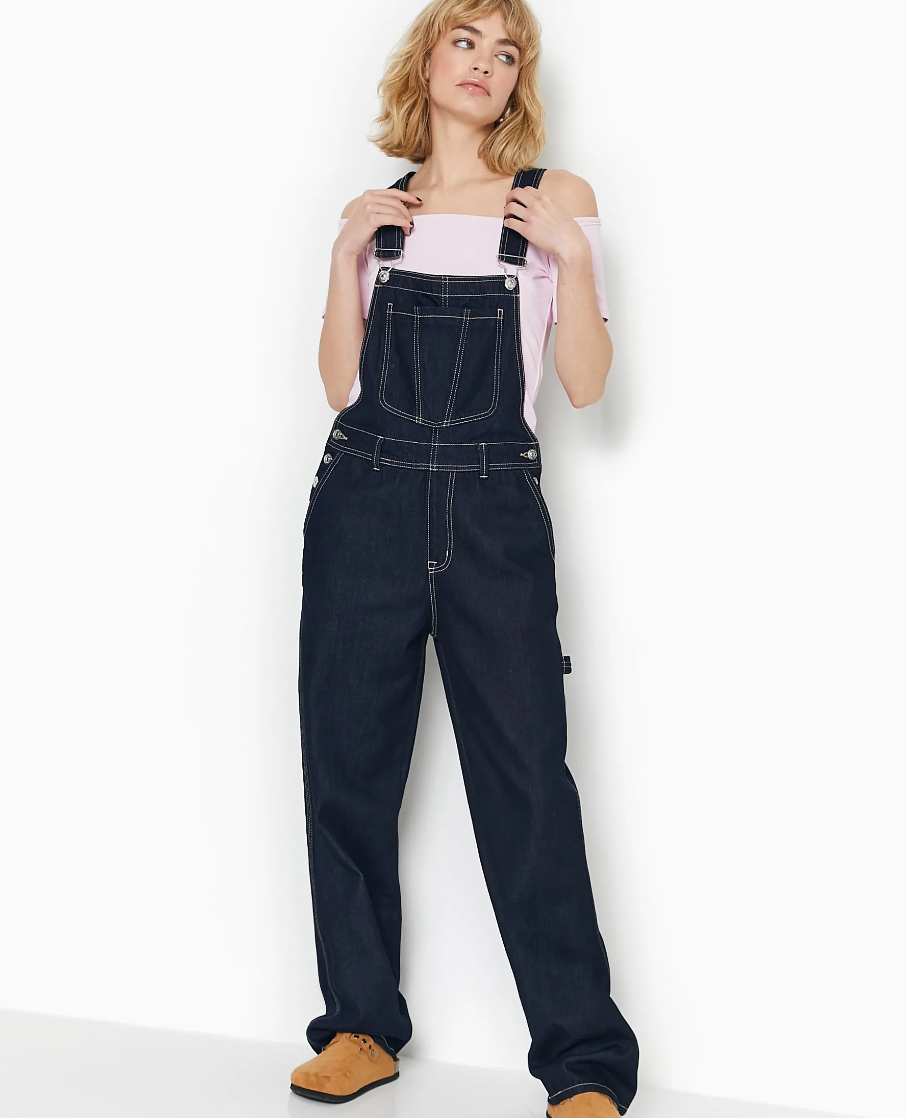 Salopette En Jean Avec Coutures Contrastées - Bleu