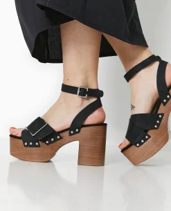 Sandales Plateformes Semelles Effet Bois - Noir