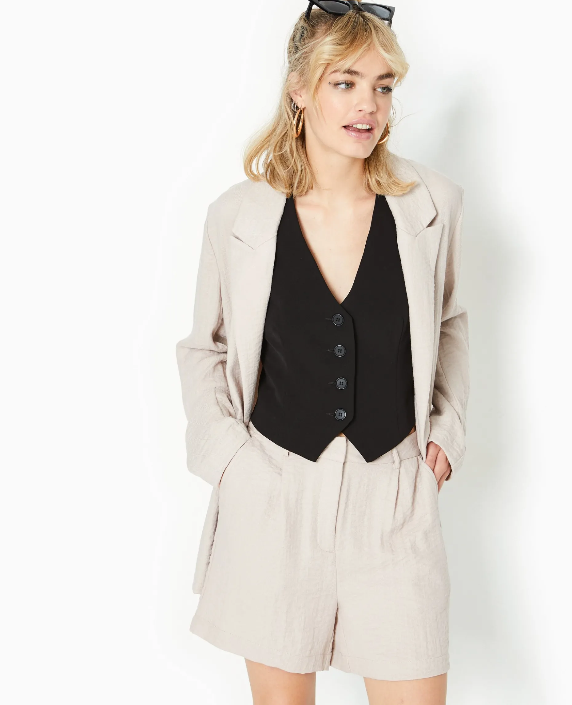 Short City En Tissu Effet Froissé - Beige
