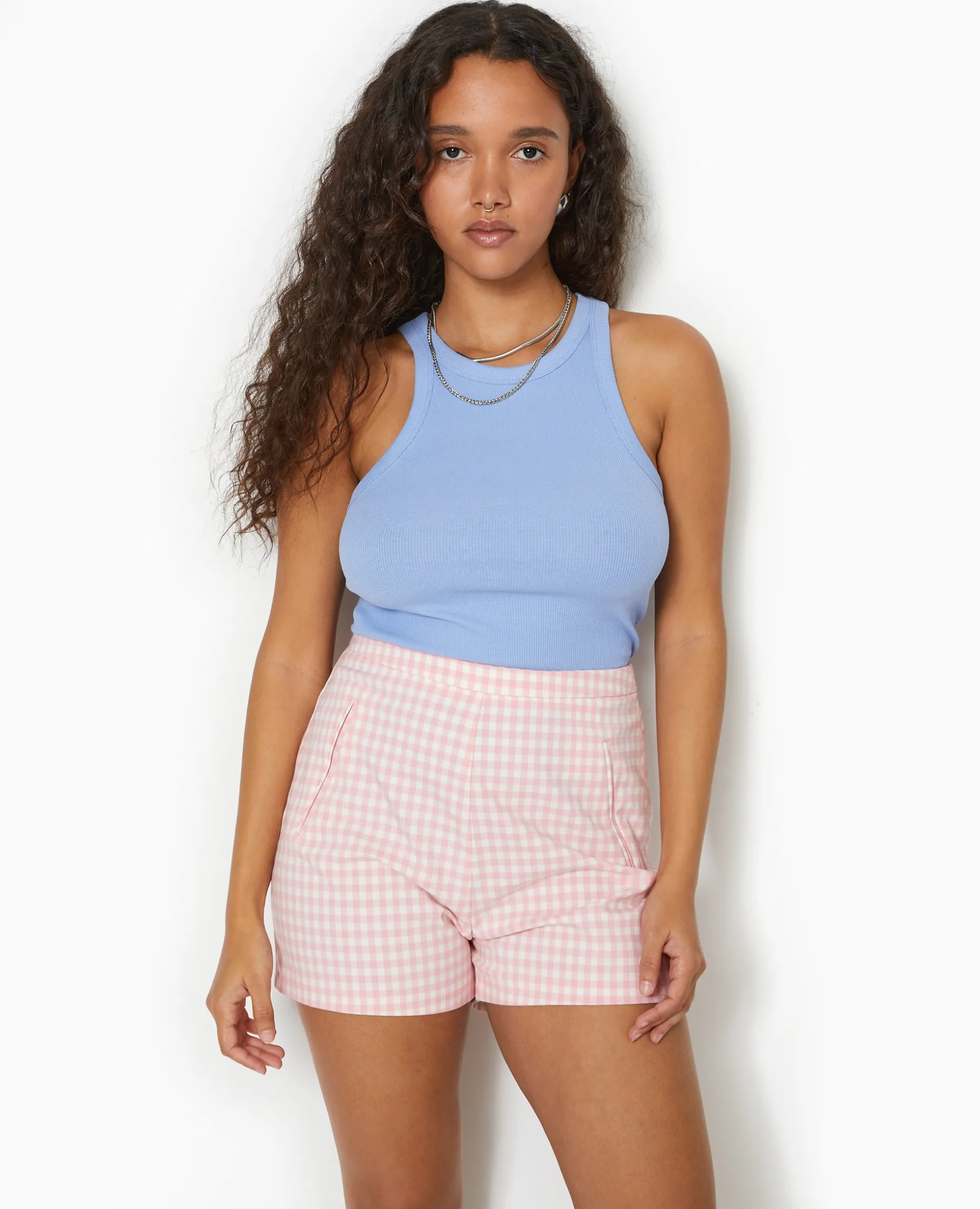 Short City Taille Haute Motif Vichy - Rose Poudré