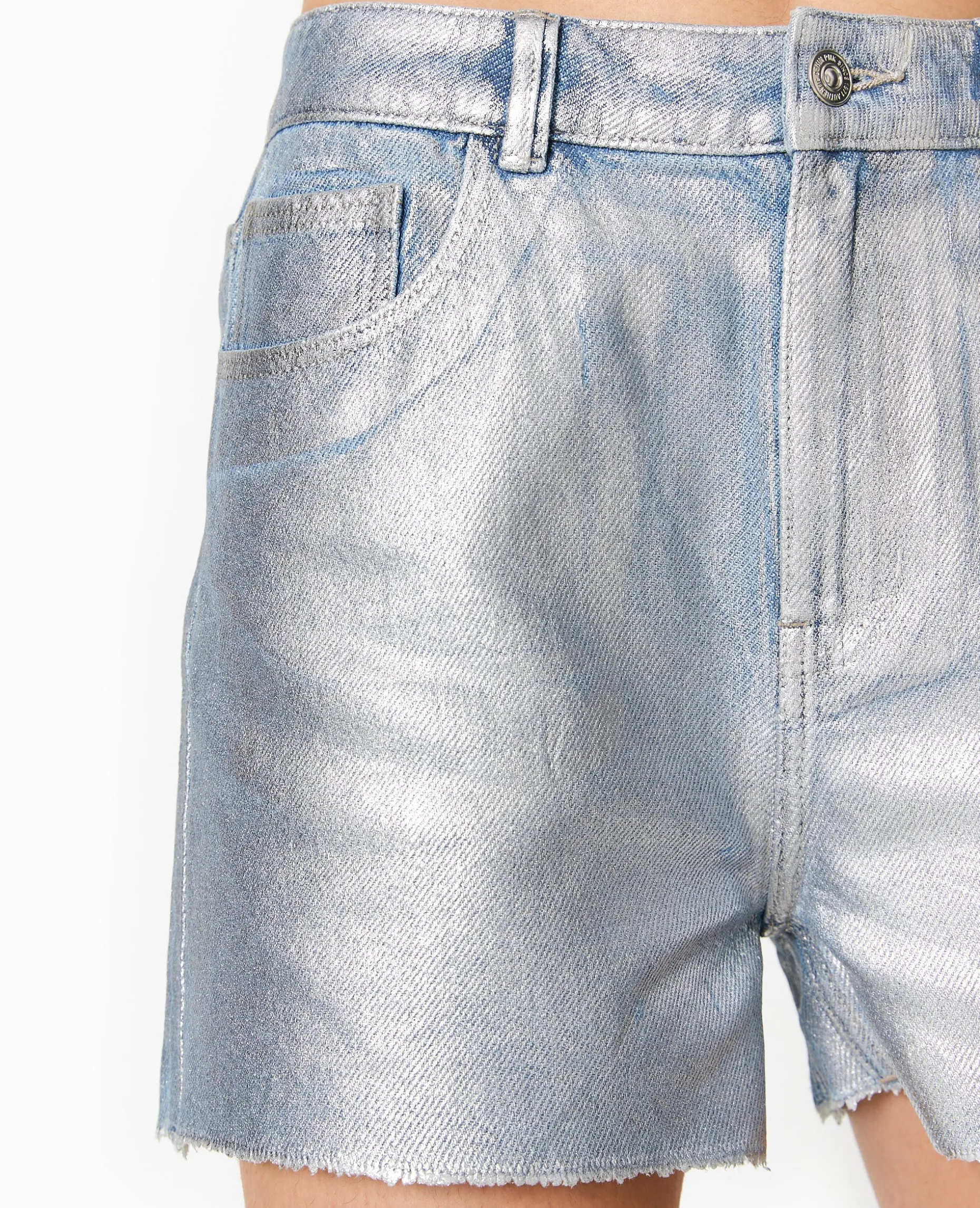 Short En Jean Enduit Taille Haute - Bleu Clair