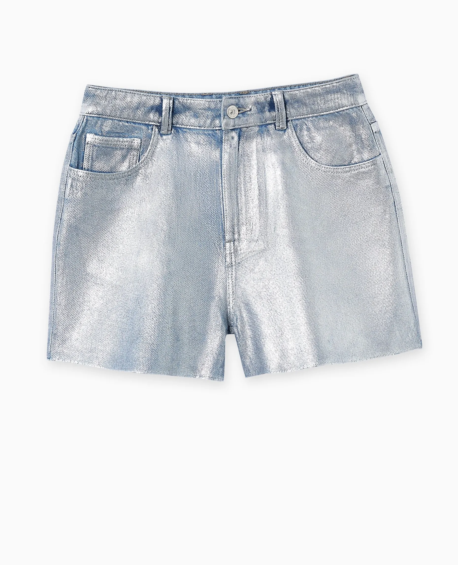 Short En Jean Enduit Taille Haute - Bleu Clair