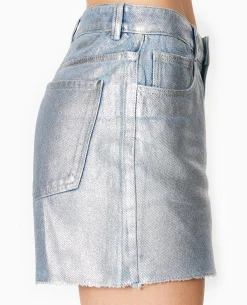 Short En Jean Enduit Taille Haute - Bleu Clair