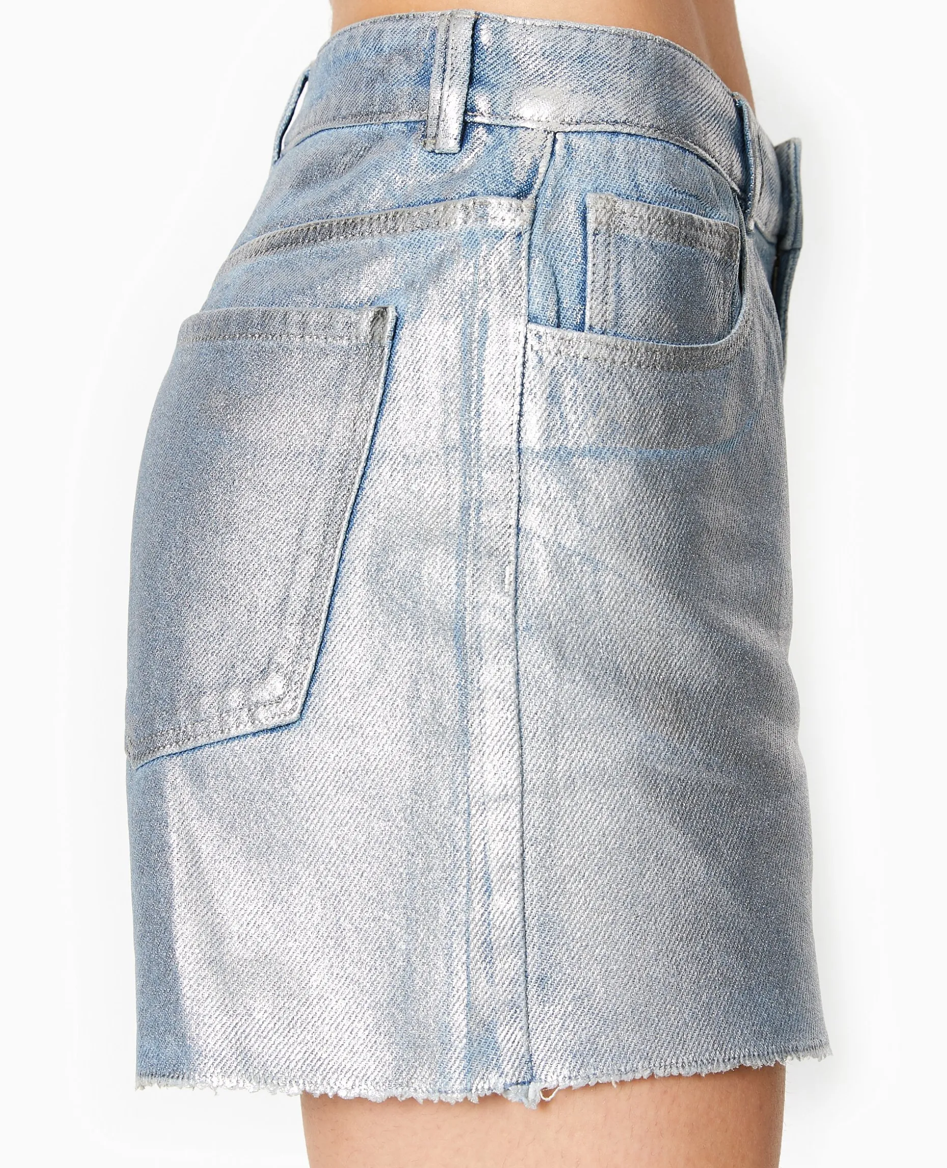 Short En Jean Enduit Taille Haute - Bleu Clair