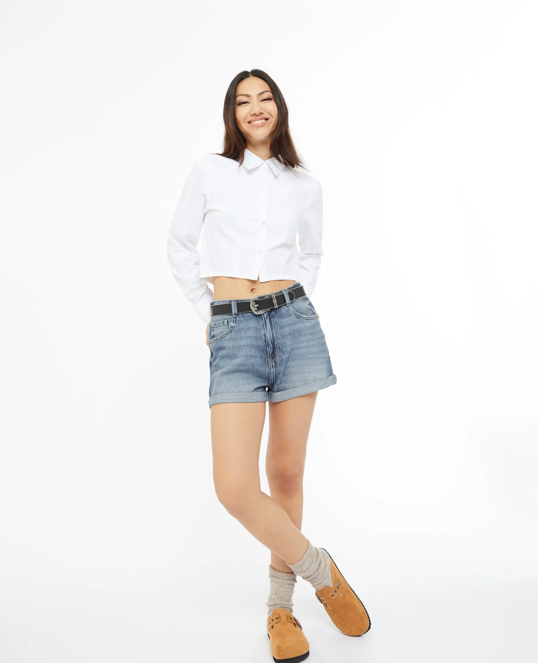 Short En Jean Loose Taille Haute Bas Roulottés - Bleu