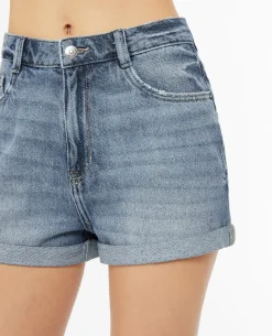 Short En Jean Loose Taille Haute Bas Roulottés - Bleu