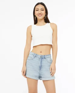 Short En Jean Loose Taille Haute Bas Roulottés - Bleu Clair