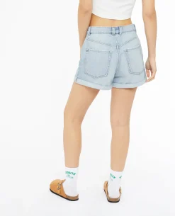 Short En Jean Loose Taille Haute Bas Roulottés - Bleu Clair