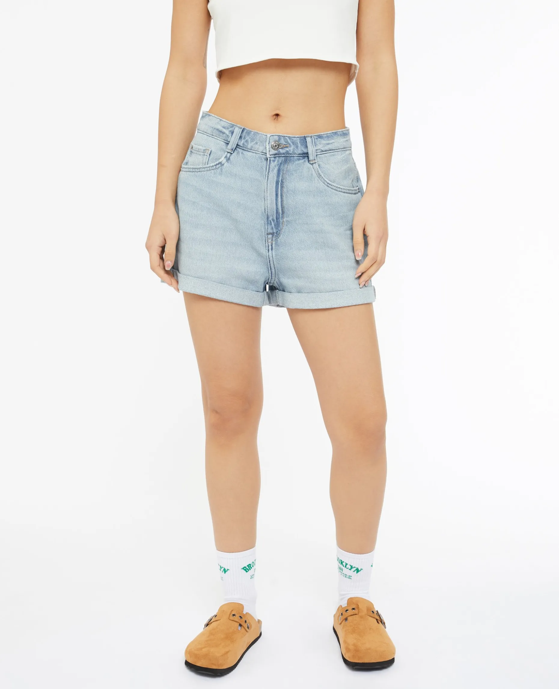 Short En Jean Loose Taille Haute Bas Roulottés - Bleu Clair