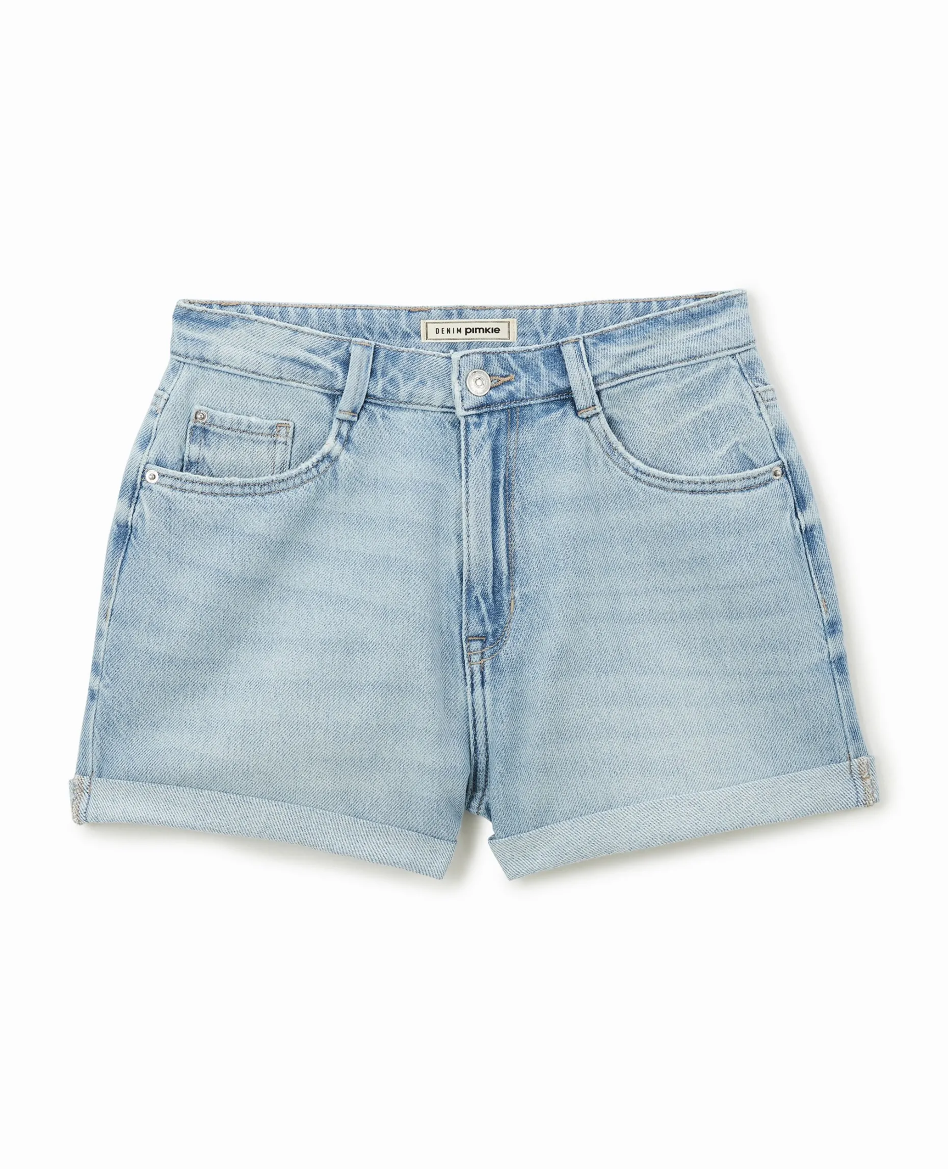 Short En Jean Loose Taille Haute Bas Roulottés - Bleu Clair