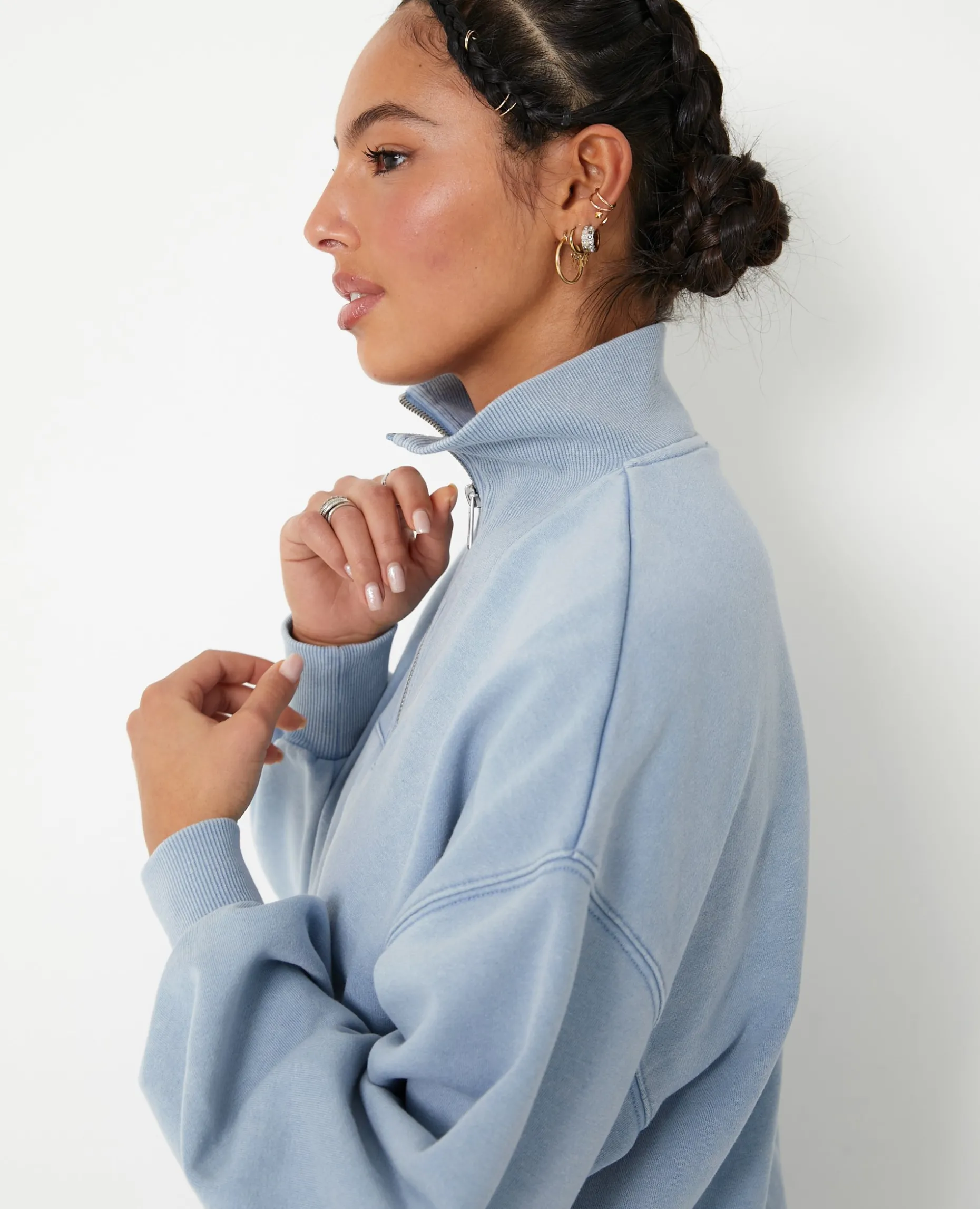 Sweat Col Camionneur Avec Effet Délavé - Bleu