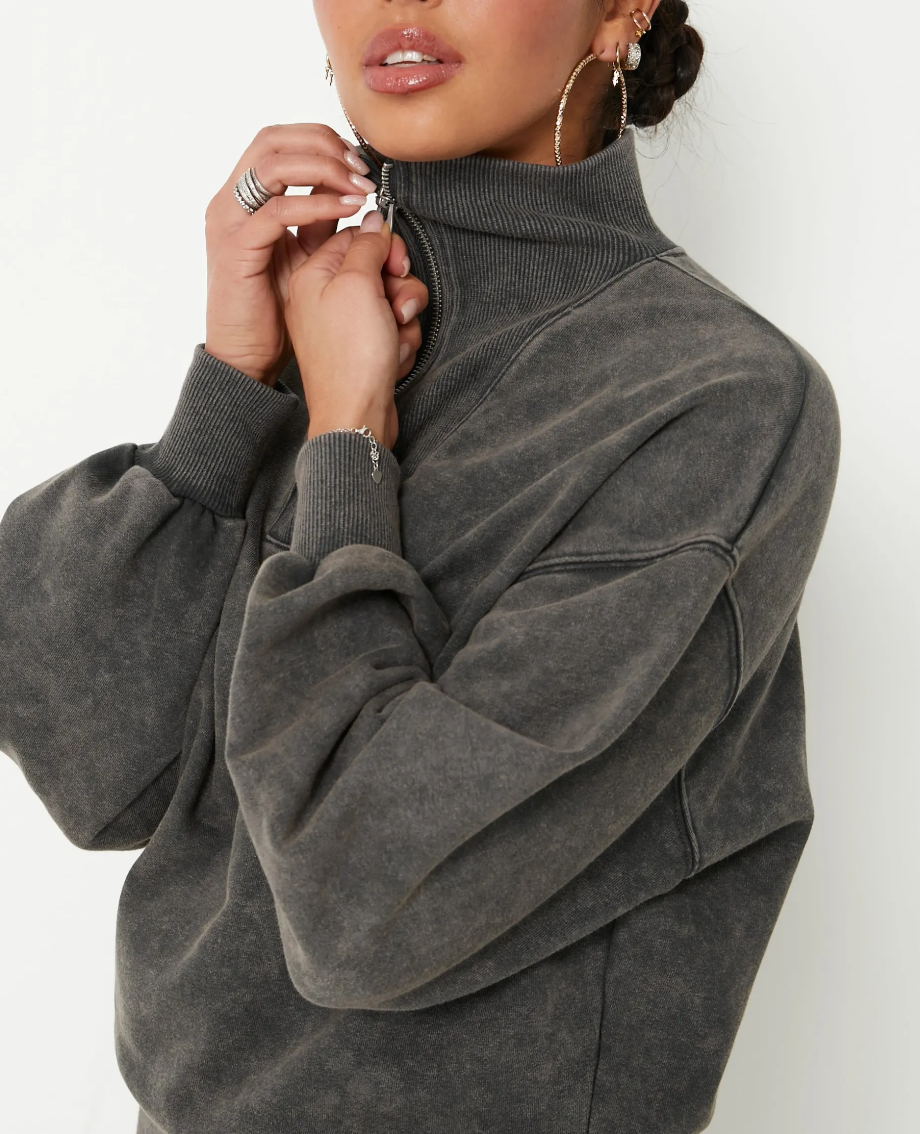 Sweat Col Camionneur Avec Effet Délavé - Gris Foncé