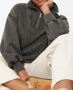 Sweat Col Camionneur Avec Effet Délavé - Gris Foncé