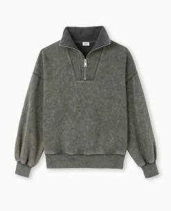 Sweat Col Camionneur Avec Effet Délavé - Gris Foncé