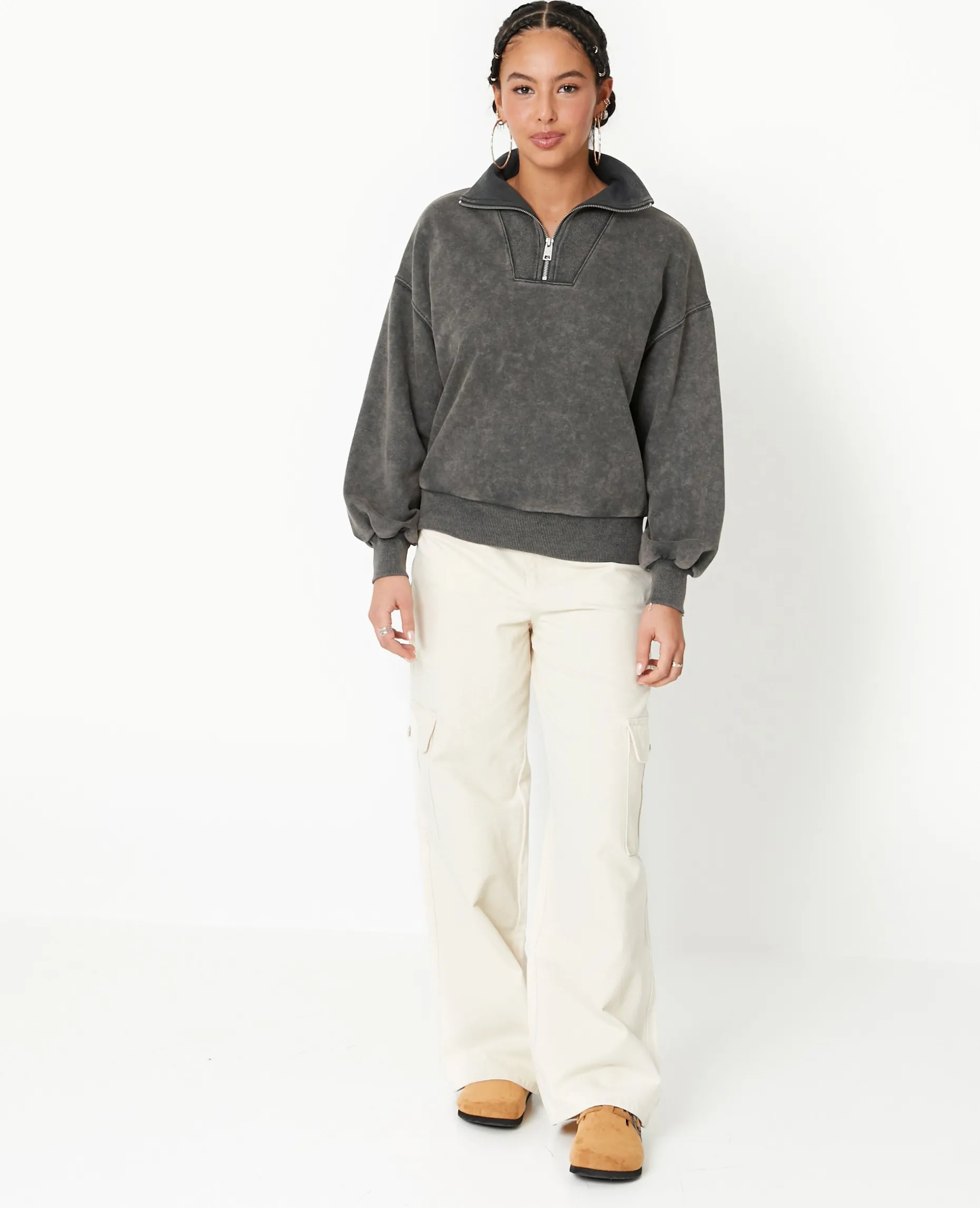 Sweat Col Camionneur Avec Effet Délavé - Gris Foncé