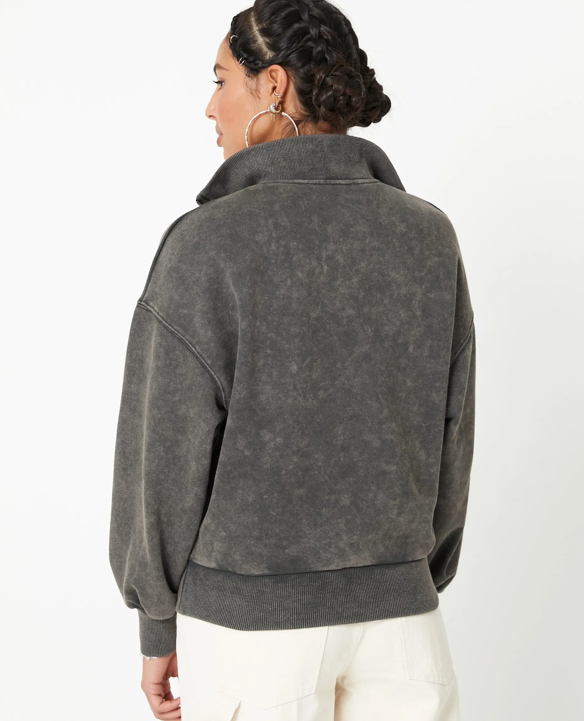 Sweat Col Camionneur Avec Effet Délavé - Gris Foncé