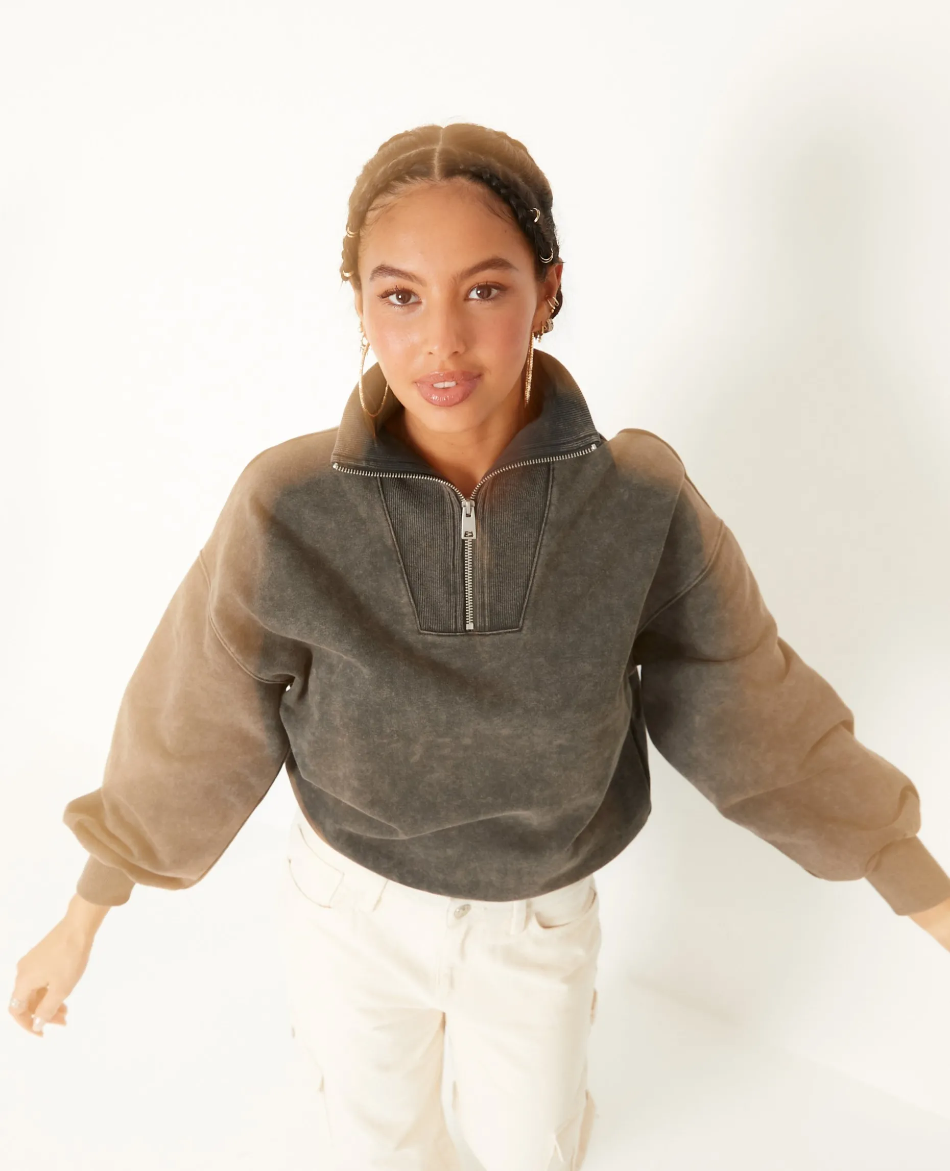 Sweat Col Camionneur Avec Effet Délavé - Gris Foncé