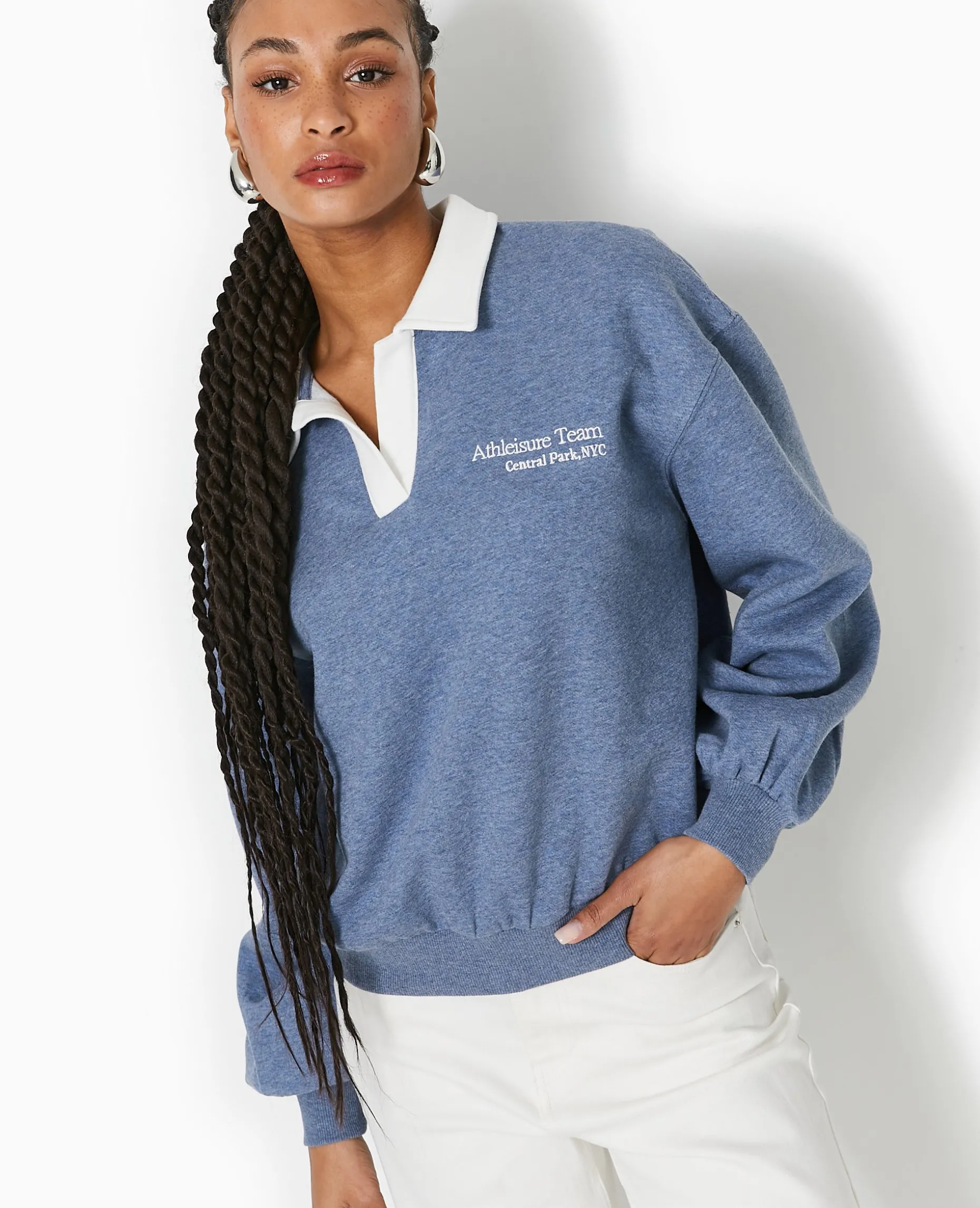 Sweat Col Polo Avec Broderie - Bleu Foncé