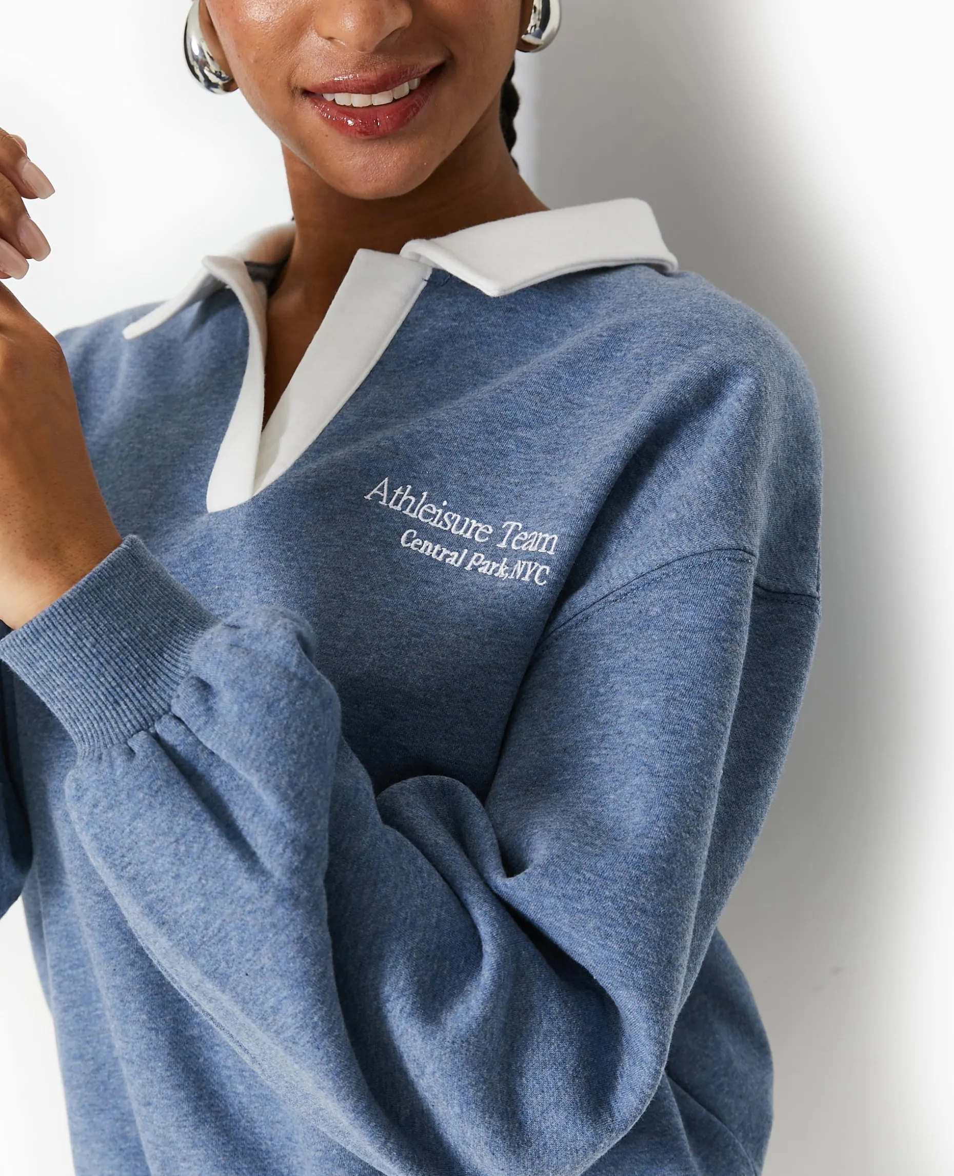 Sweat Col Polo Avec Broderie - Bleu Foncé