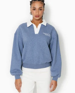 Sweat Col Polo Avec Broderie - Bleu Foncé