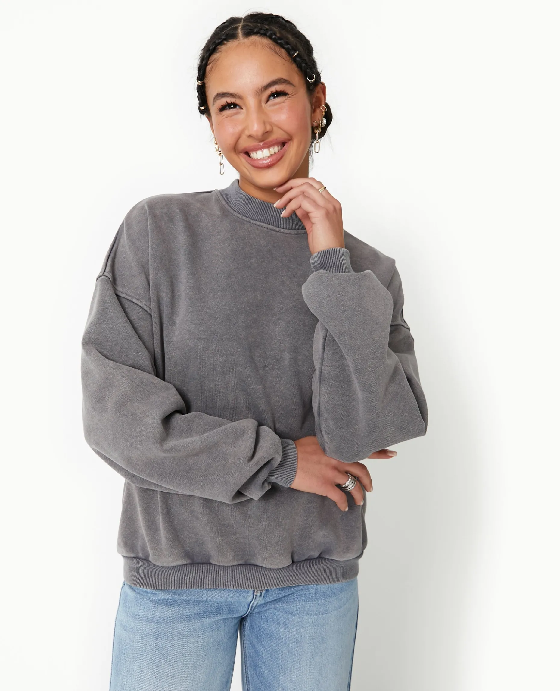 Sweat Col Rond Avec Effet Délavé - Gris Foncé