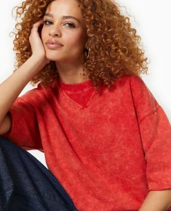 Sweat Manches Courtes Délavé Acid Wash - Rouge