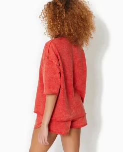Sweat Manches Courtes Délavé Acid Wash - Rouge