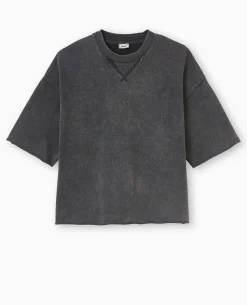 Sweat Manches Courtes Délavé Acid Wash - Gris Foncé