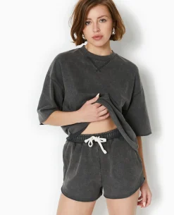 Sweat Manches Courtes Délavé Acid Wash - Gris Foncé