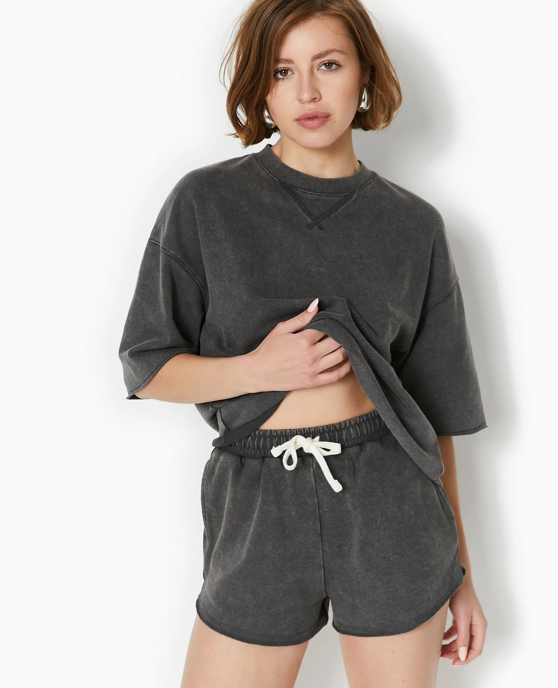Sweat Manches Courtes Délavé Acid Wash - Gris Foncé