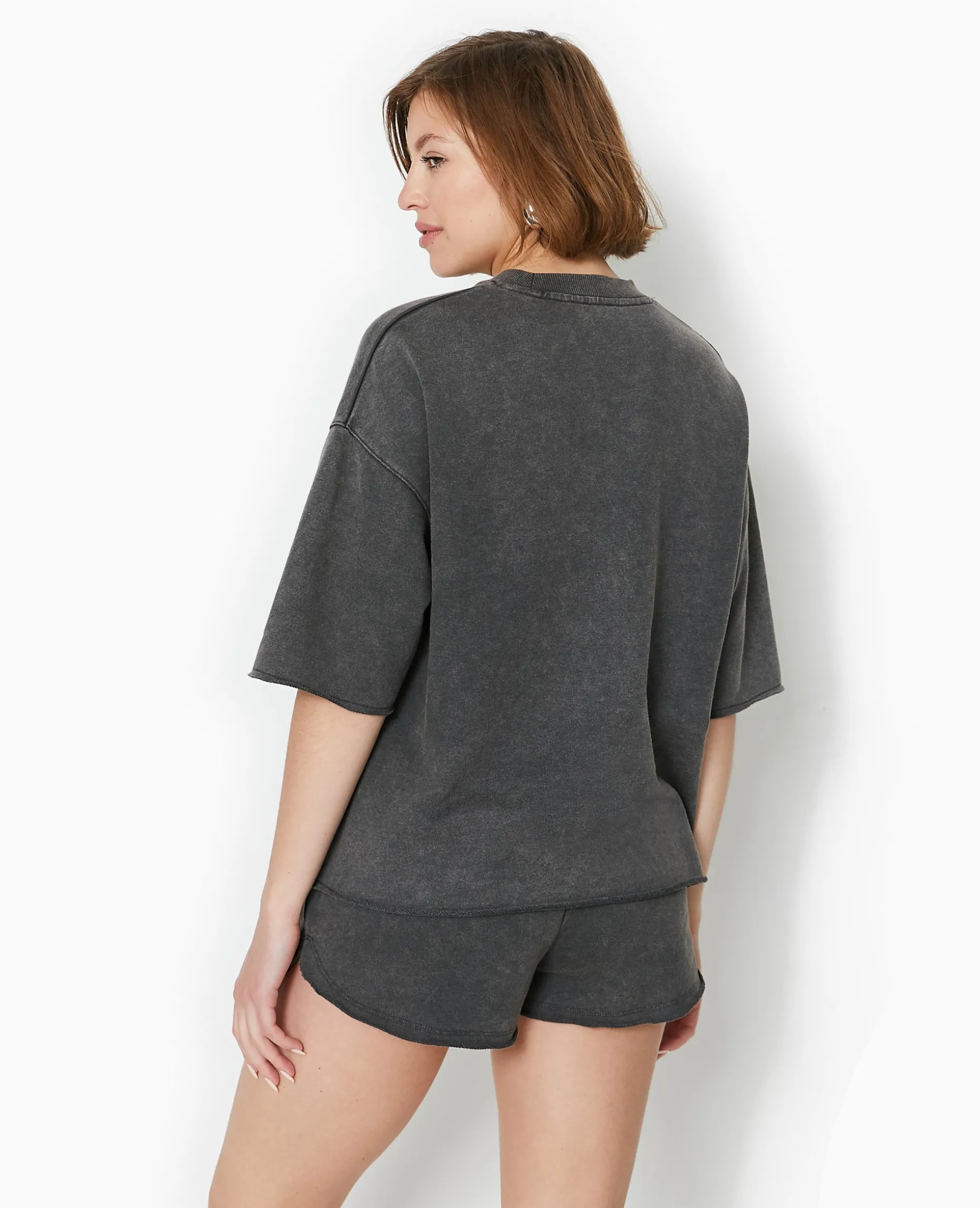 Sweat Manches Courtes Délavé Acid Wash - Gris Foncé