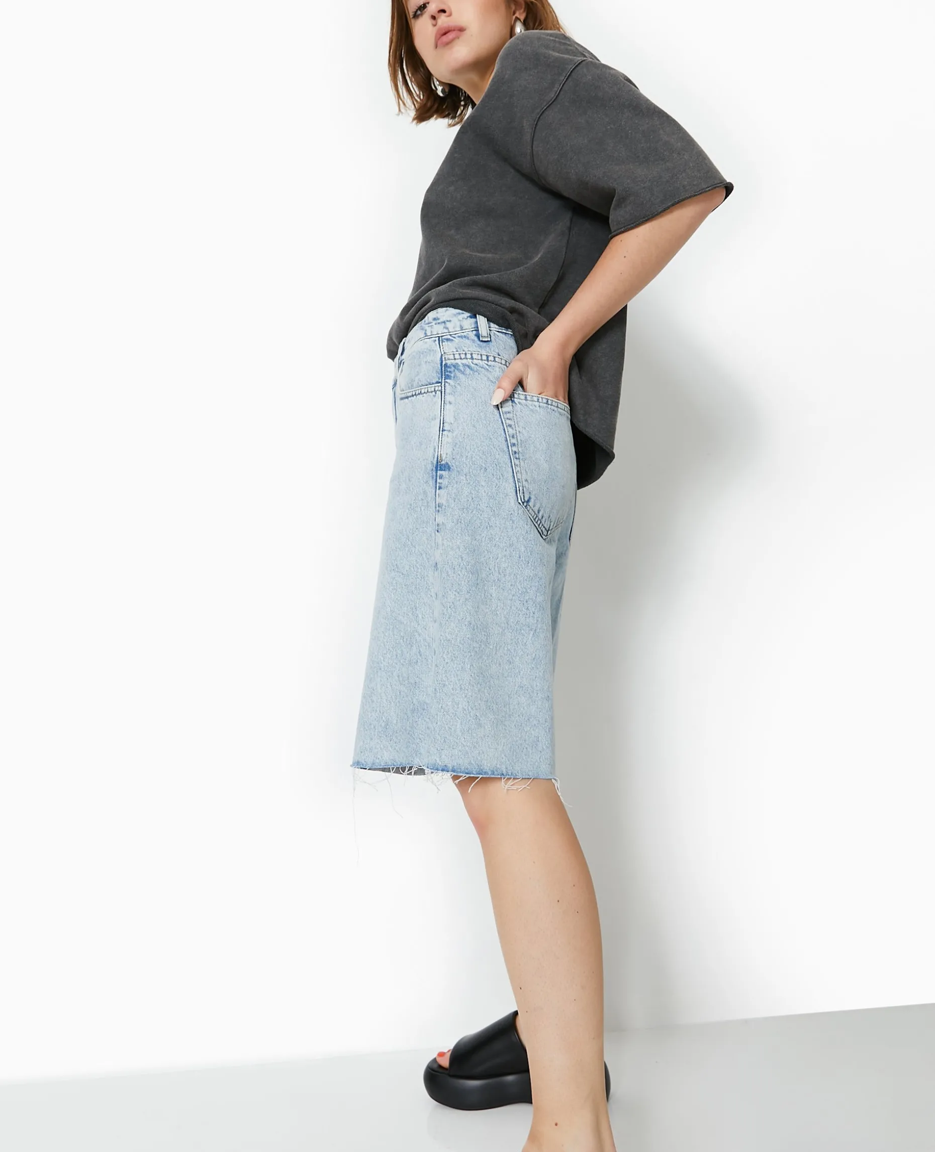 Sweat Manches Courtes Délavé Acid Wash - Gris Foncé