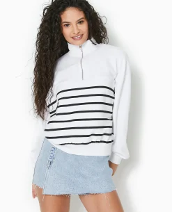 Sweat Zippé Avec Rayures - Blanc