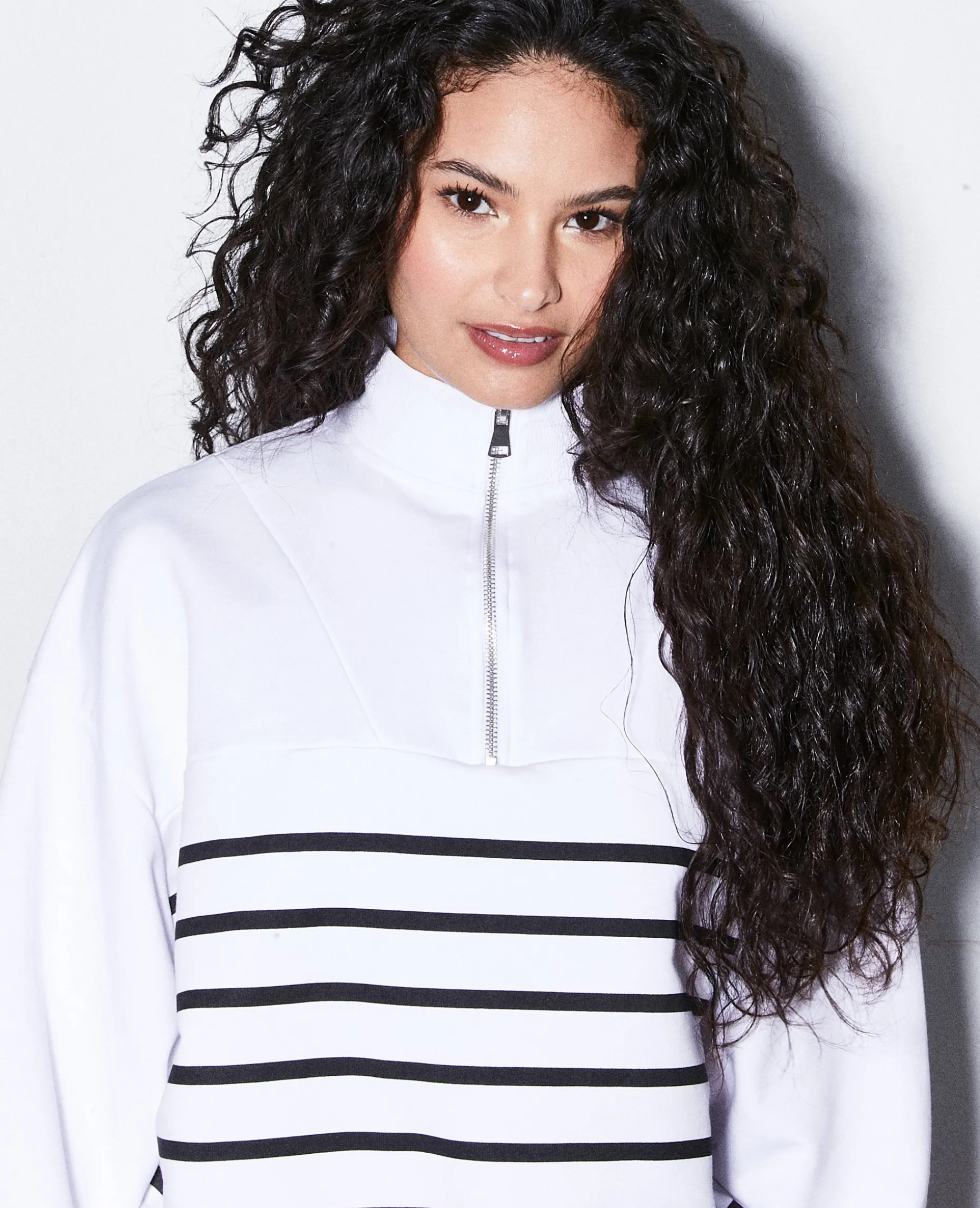 Sweat Zippé Avec Rayures - Blanc