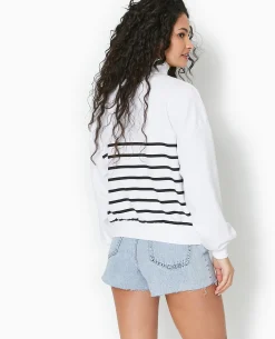 Sweat Zippé Avec Rayures - Blanc