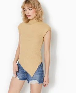 Top Asymétrique En Maille Côtelée - Beige