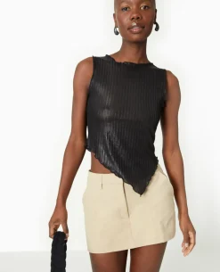 Top Asymétrique En Maille Côtelée Brillante - Noir