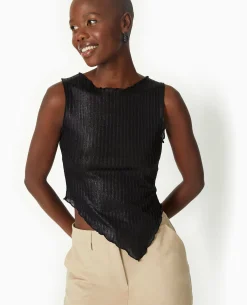 Top Asymétrique En Maille Côtelée Brillante - Noir
