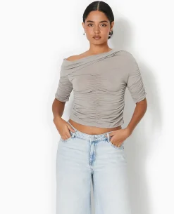 Top Avec Fronces Encolure Bardot - Gris