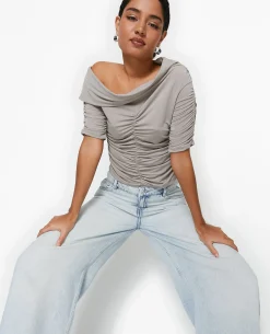 Top Avec Fronces Encolure Bardot - Gris